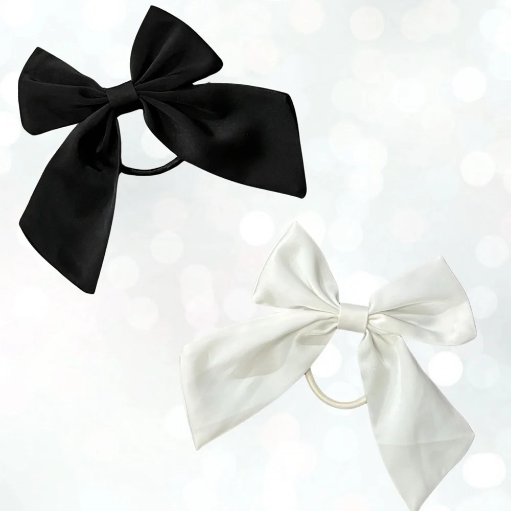Elegant Satin Bow Hair Tie Lot of 2 Girly Ponytail Holders Black Off White